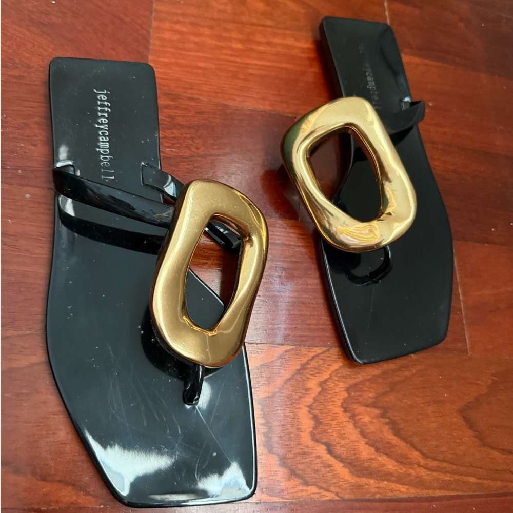Anthropologie Jeffrey Campbell Black & Gold Slide Statement Sandals. Good condit